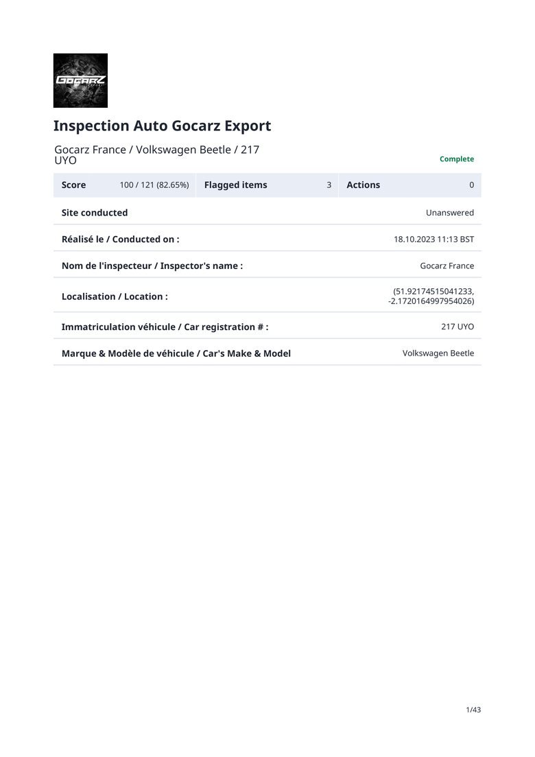 Rapport d'inspection Volkswagen Beetle