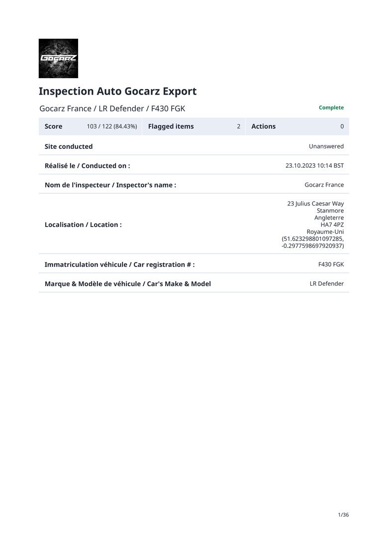 Rapport d'inspection Land Rover Defender